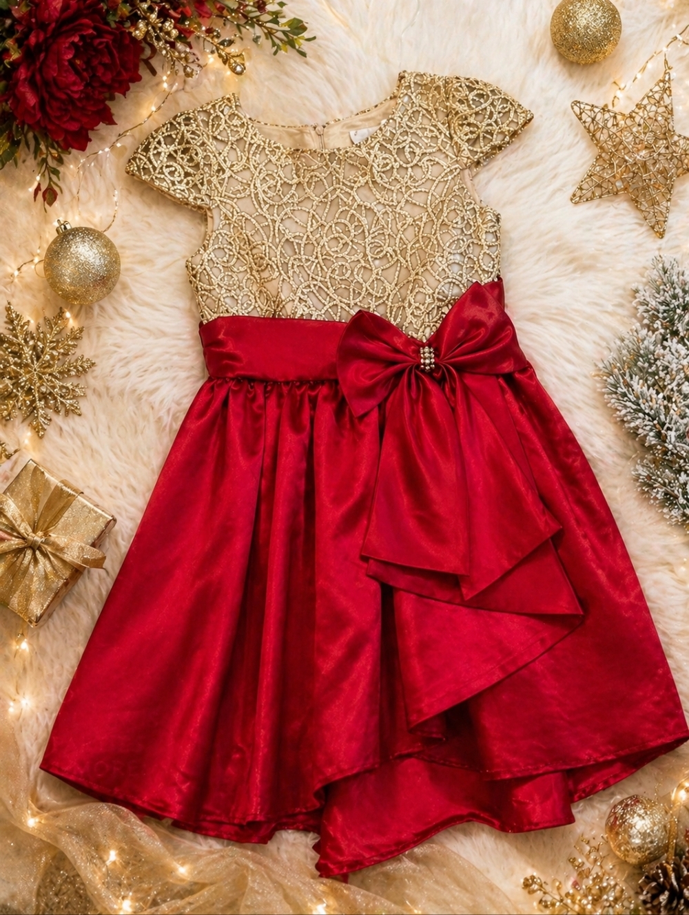 Rare Editions Embroidered Dress Party Girls Size 5 Red Gold Satin Bow Holiday